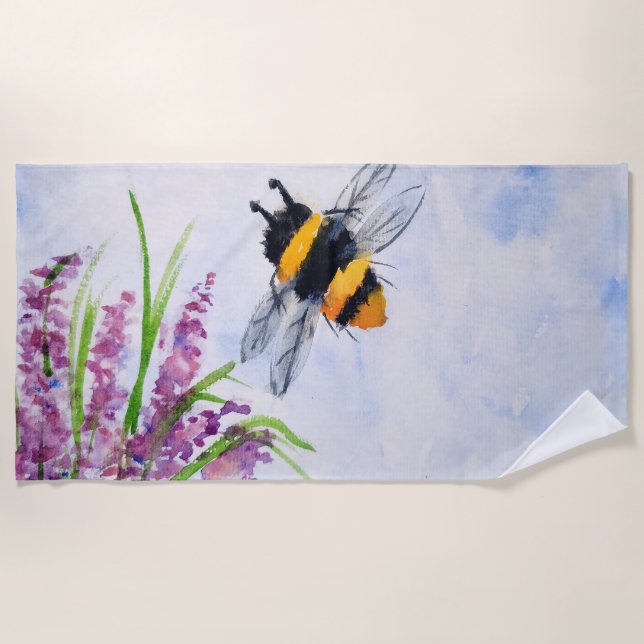 Bumble Bee Watercolor Beach Towel (Front)
