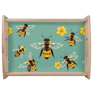 Bumble Bee Watercolor Realistic Honeycomb Serving Tray