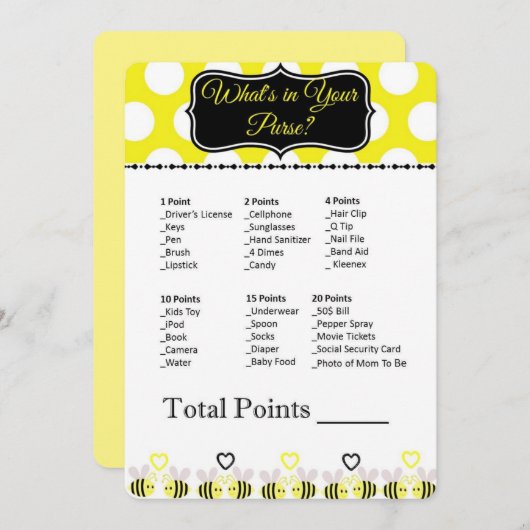 Bumble Bee What's in Your Purse? Baby Shower Game (Front/Back)