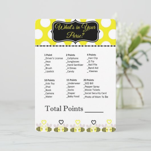 Bumble Bee What's in Your Purse? Baby Shower Game (Standing Front)