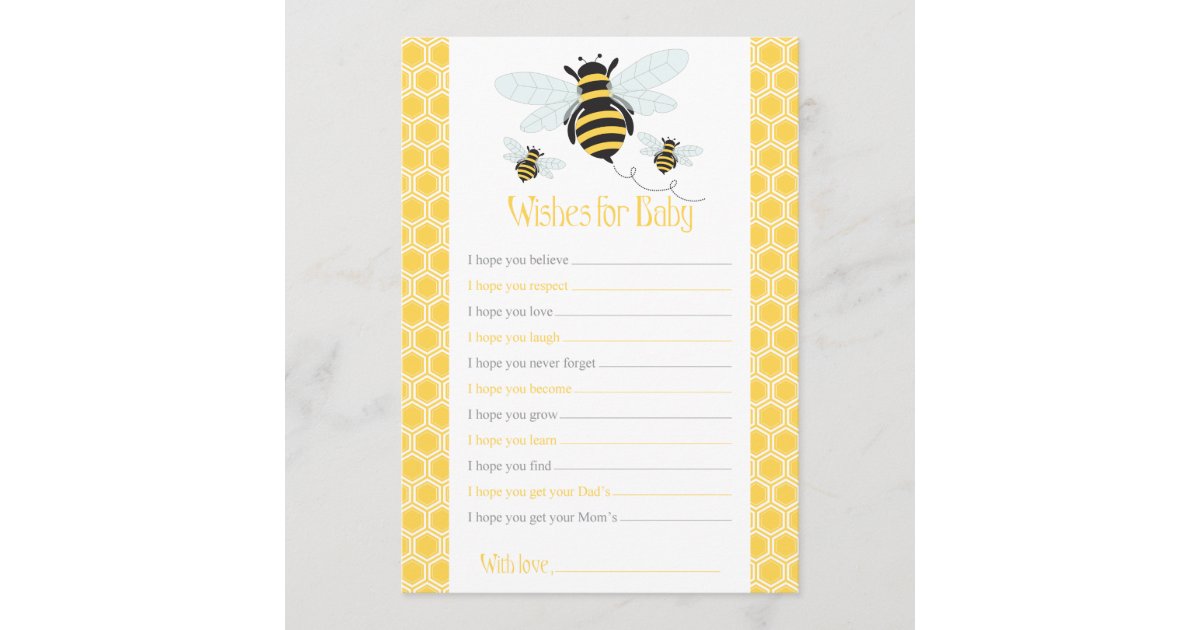 Bumble Bee Wishes For Baby Card Baby Shower Game Advice Card