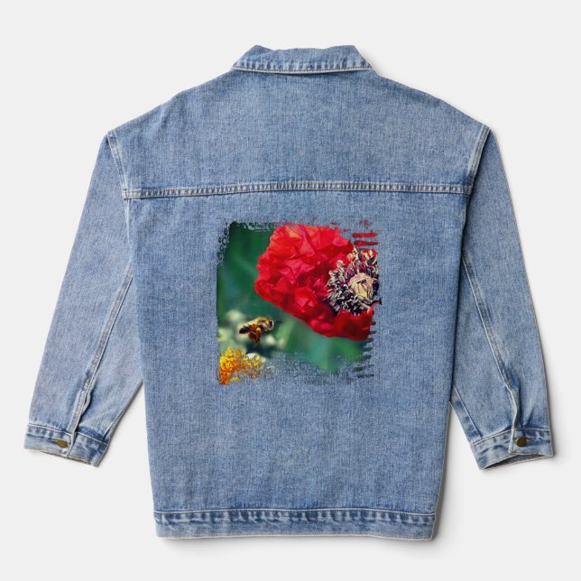 Bumble Bee with Red Poppy Floral Modern Denim Jacket (Back)