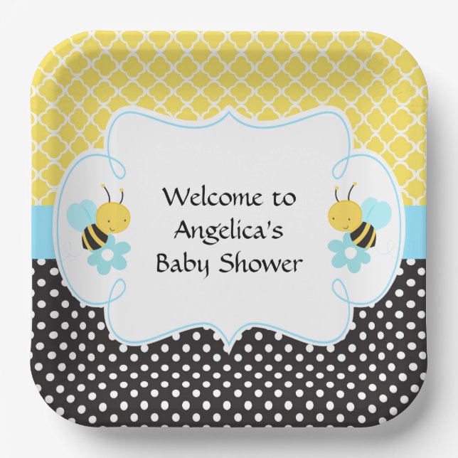 Bumble Bee Yellow and Black Baby Shower (Boy) Paper Plates (Front)