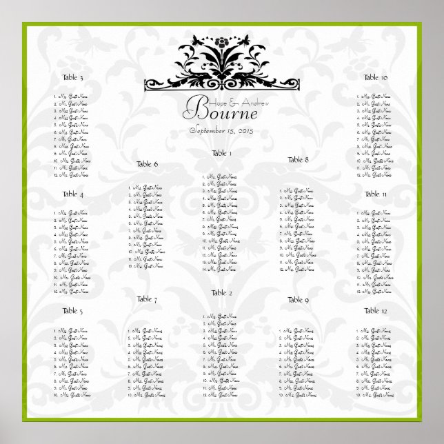 Bumble Bee Yellow Black Damask  Seating Chart (Front)
