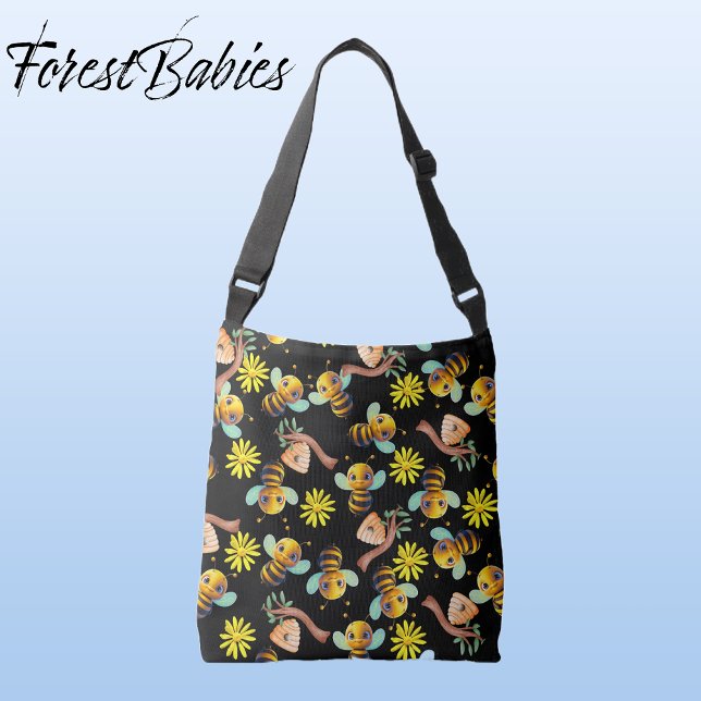 Bumble Bee 🐝 Yellow Daisy  Honey Black Floral Crossbody Bag (🐝 Bumble Bee, ForestBabies Yellow Daisy, Honey Hive Black Floral Cross Body Bag - Front)