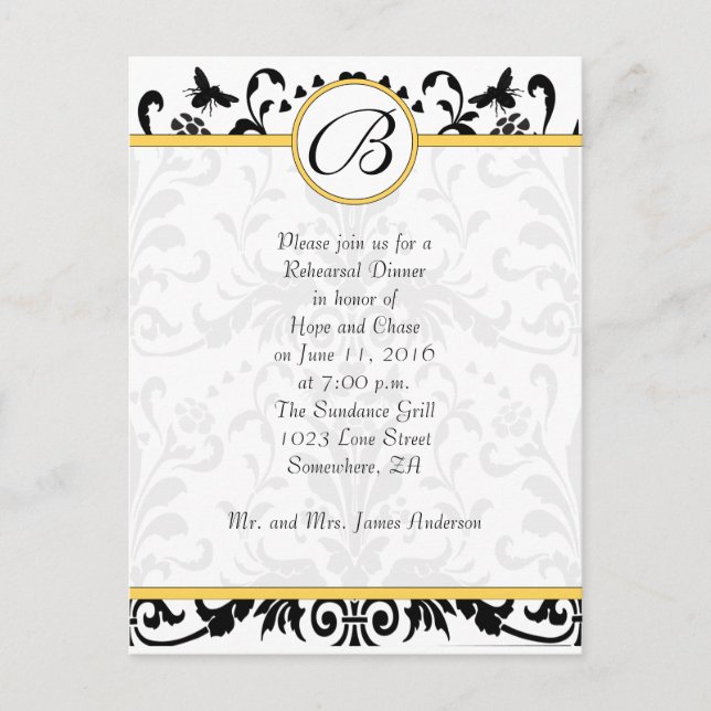 Bumble Bee Yellow Damask Rehearsal Dinner Postcard (Front)