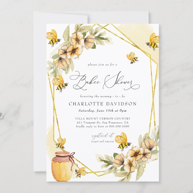 Bumble Bee Yellow Floral Frame Baby Shower Invitation (Front)