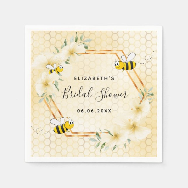 Bumble bee yellow honeycomb floral bridal shower napkins (Front)