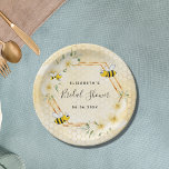 Bumble bee yellow honeycomb floral bridal shower paper plates<br><div class="desc">Elegant, fun summer bridal shower. Yellow, white background with a honeycomb pattern. With a faux gold geometric frame. Decorated with cream and light yellow colored tropical florals flowers, hibiscus and happy bumble bees. With the text: Bridal Shower written with a modern hand lettered style script. Personalize and add det name...</div>