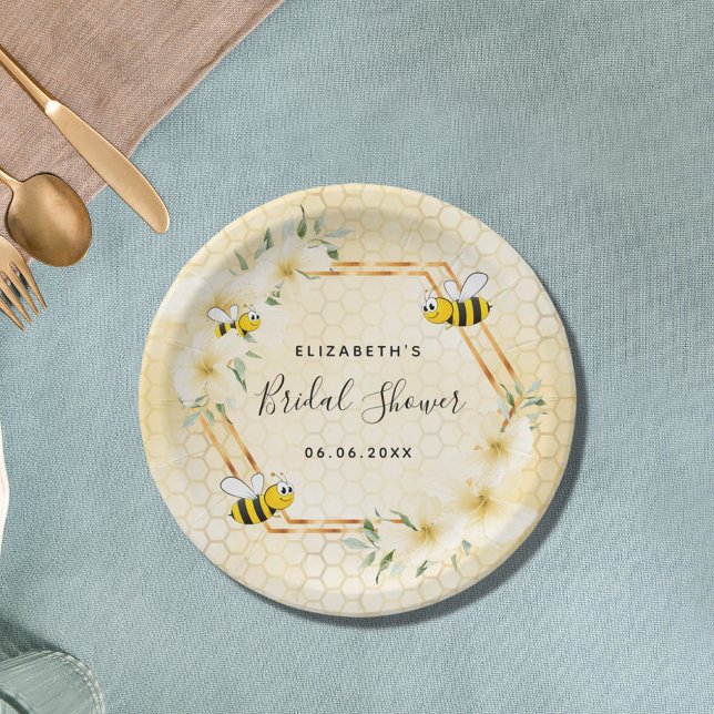 Bumble bee yellow honeycomb floral bridal shower paper plates (Creator Uploaded)
