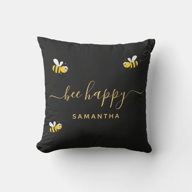 Bumble bees be happy black gold monogram outdoor pillow (Front)
