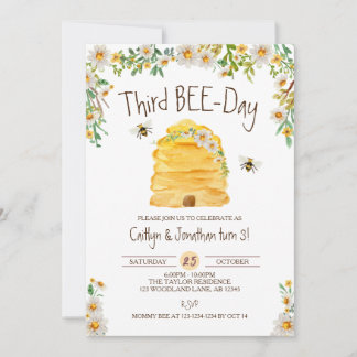 Bumble Bees Birthday, Twins 3rd Bee-Day Invitation