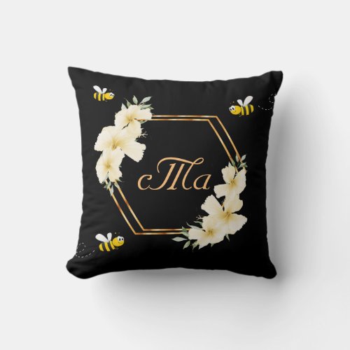 Bumble bees black floral couple monogram throw pillow