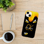 Bumble bees black honey dripping monogram Case-Mate iPhone 14 case<br><div class="desc">A stylish black background and happy smiling bumble bees. Decorated with sweet,  golden honey dripping. Personalize and add your name and monogram initials,  golden and white letters.  The name is written with a hand lettered style script.</div>