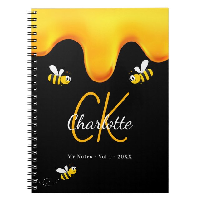 Bumble bees black honey dripping monogram diary notebook (Front)