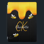 Bumble bees black honey dripping monogram iPad pro cover<br><div class="desc">A stylish black background and happy smiling bumble bees. Decorated with sweet,  golden honey dripping. Personalize and add your name and monogram initials,  golden and white letters.  The name is written with a hand lettered style script.</div>