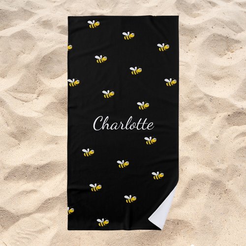 Bumble bees black monogram name script beach towel
