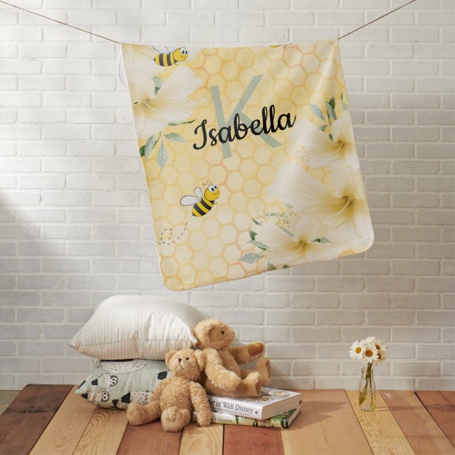 Bumble bees florals yellow honeycomb monogram fun baby blanket (In Situ)