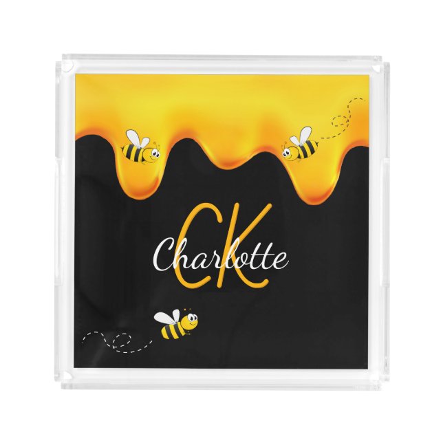 Bumble bees honey dripping black monogram acrylic tray (Front)