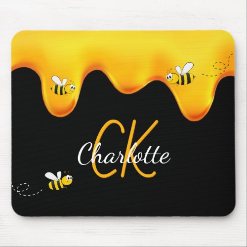 Bumble bees honey dripping black monogram mouse pad