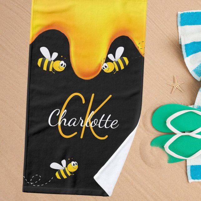 Bumble bees honey dripping monogram black golden bath towel set (Creator Uploaded)