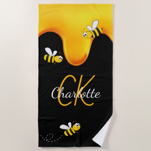 Bumble bees honey dripping monogram black golden beach towel