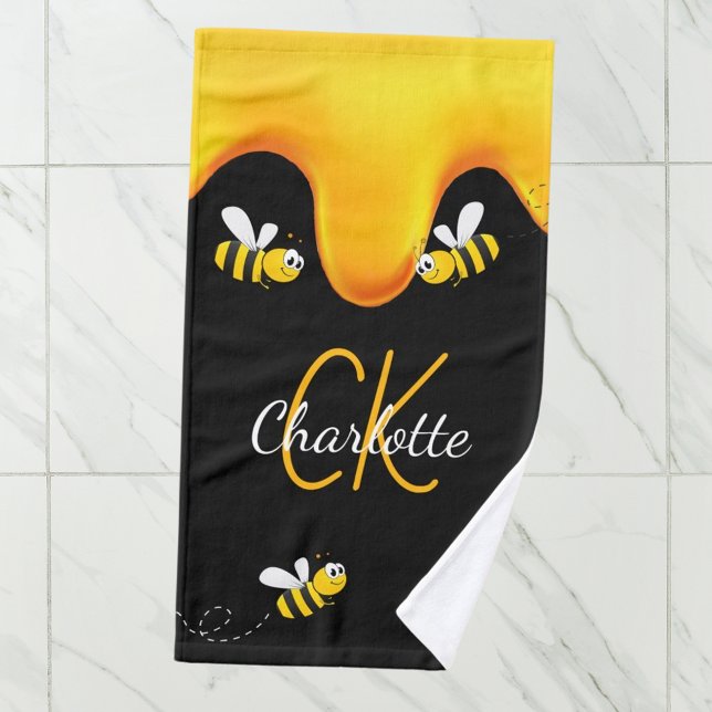 Bumble bees honey dripping monogram black golden hand towel  (Creator Uploaded)
