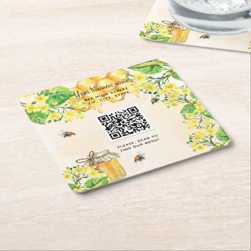 Bumble bees honey yellow floral business qr code square paper coaster
