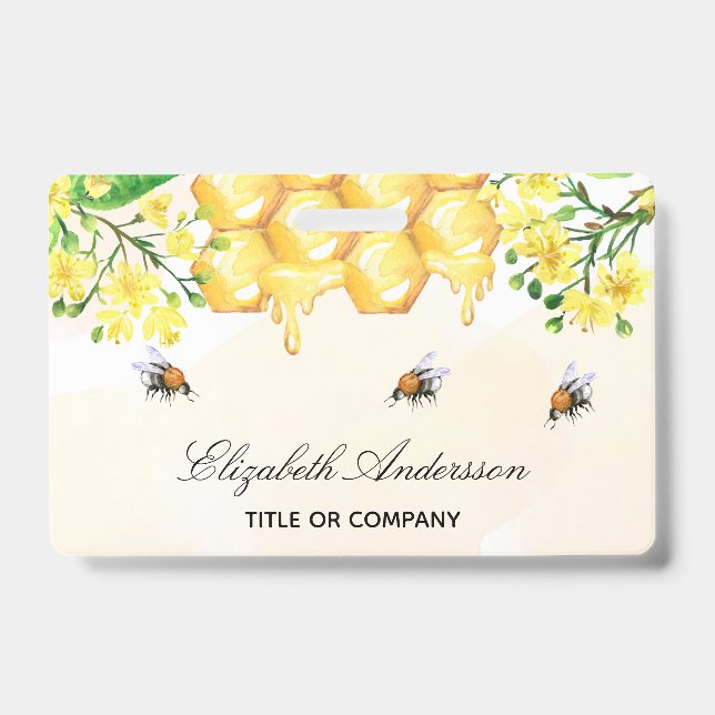 Bumble bees honey yellow floral name script badge (Front)