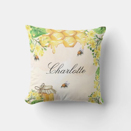Bumble bees honey yellow floral name script outdoor pillow