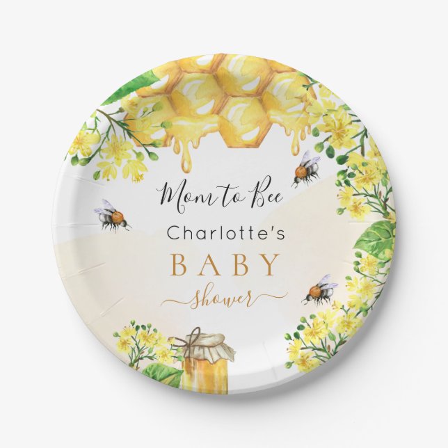 Bumble bees honey yellow florals Baby Shower  Paper Plates (Front)