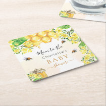 Bumble bees honey yellow florals Baby Shower Square Paper Coaster