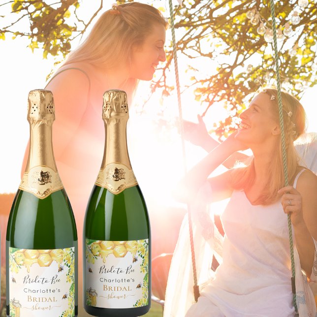 Bumble bees honey yellow florals Bridal Shower Sparkling Wine Label (Creator Uploaded)