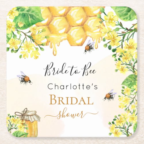 Bumble bees honey yellow florals Bridal Shower Square Paper Coaster