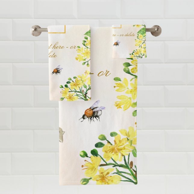 Bumble bees honey yellow florals business logo bath towel set (Creator Uploaded)