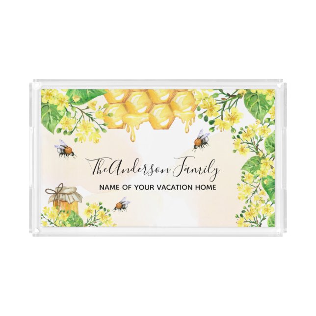 Bumble bees honey yellow florals family monogram acrylic tray (Front)