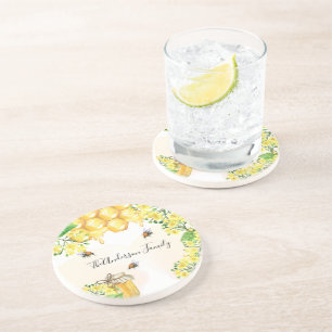 Bumble bees honey yellow florals family monogram coaster