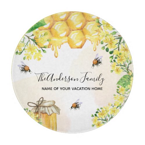 Bumble bees honey yellow florals family monogram cutting board