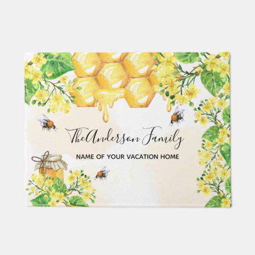 Bumble bees honey yellow florals family monogram doormat