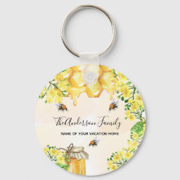 Bumble bees honey yellow florals family monogram keychain