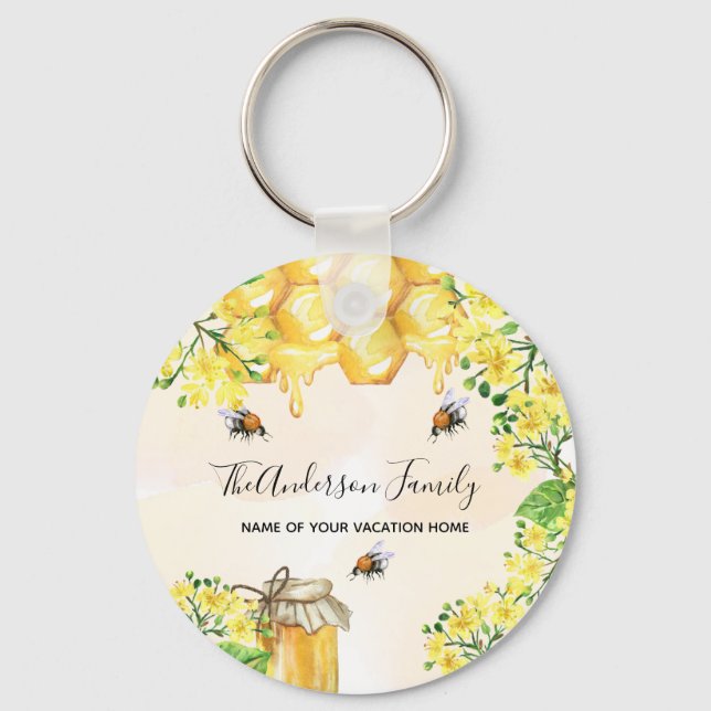 Bumble bees honey yellow florals family monogram keychain (Front)