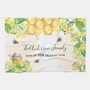 Bumble bees honey yellow florals family monogram kitchen towel