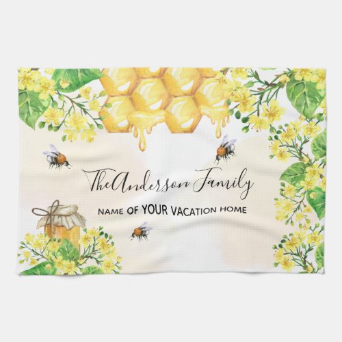 Bumble bees honey yellow florals family monogram kitchen towel