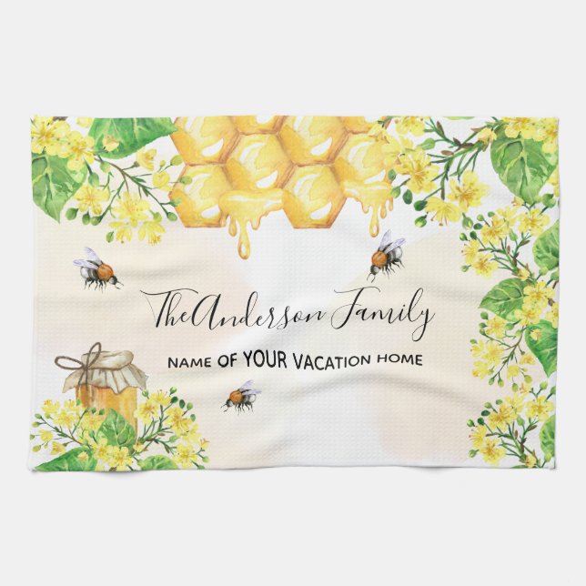 Bumble bees honey yellow florals family monogram kitchen towel (Horizontal)