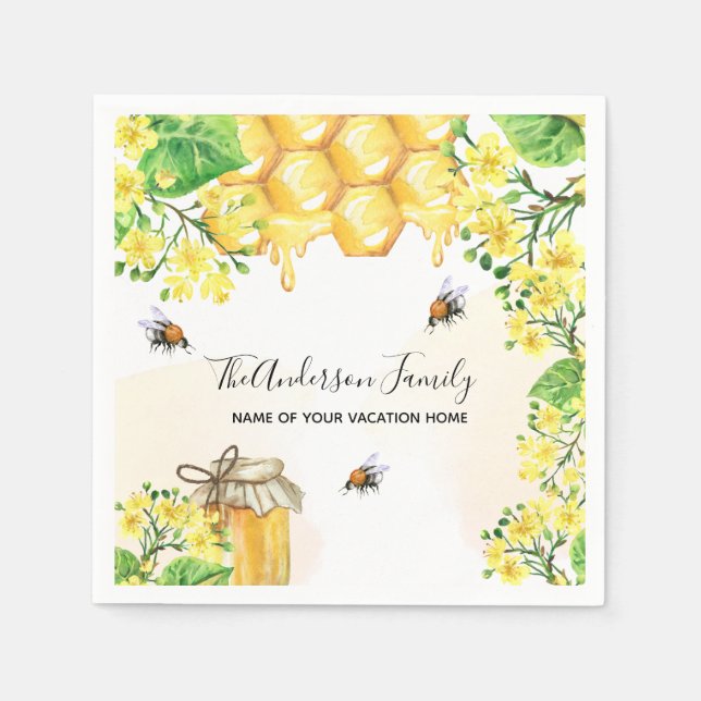 Bumble bees honey yellow florals family monogram napkins (Front)