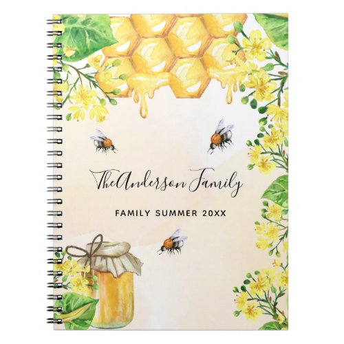 Bumble bees honey yellow florals family monogram notebook