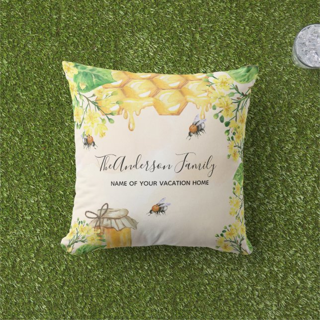 Bumble bees honey yellow florals family monogram outdoor pillow (Grass)