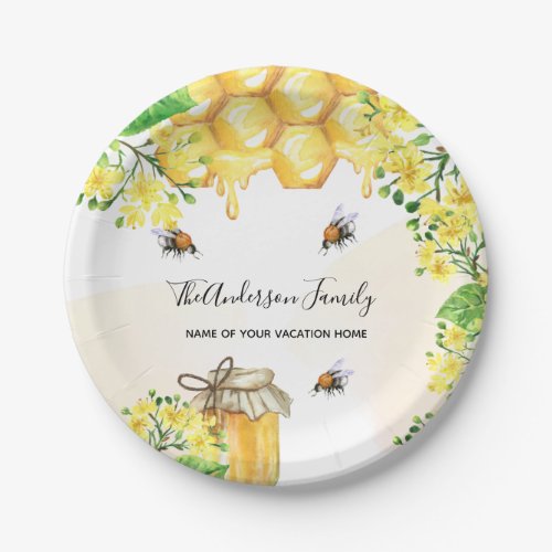 Bumble bees honey yellow florals family monogram  paper plates