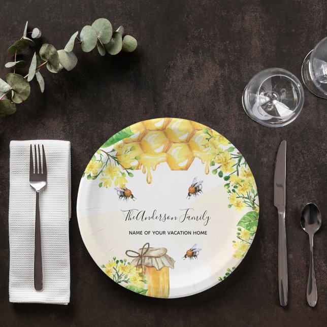 Bumble bees honey yellow florals family monogram  paper plates (Creator Uploaded)