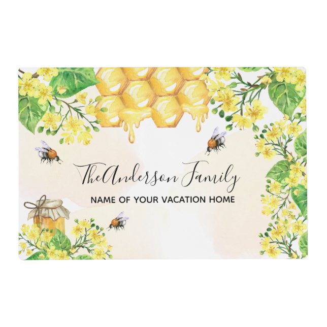 Bumble bees honey yellow florals family monogram placemat (Front)